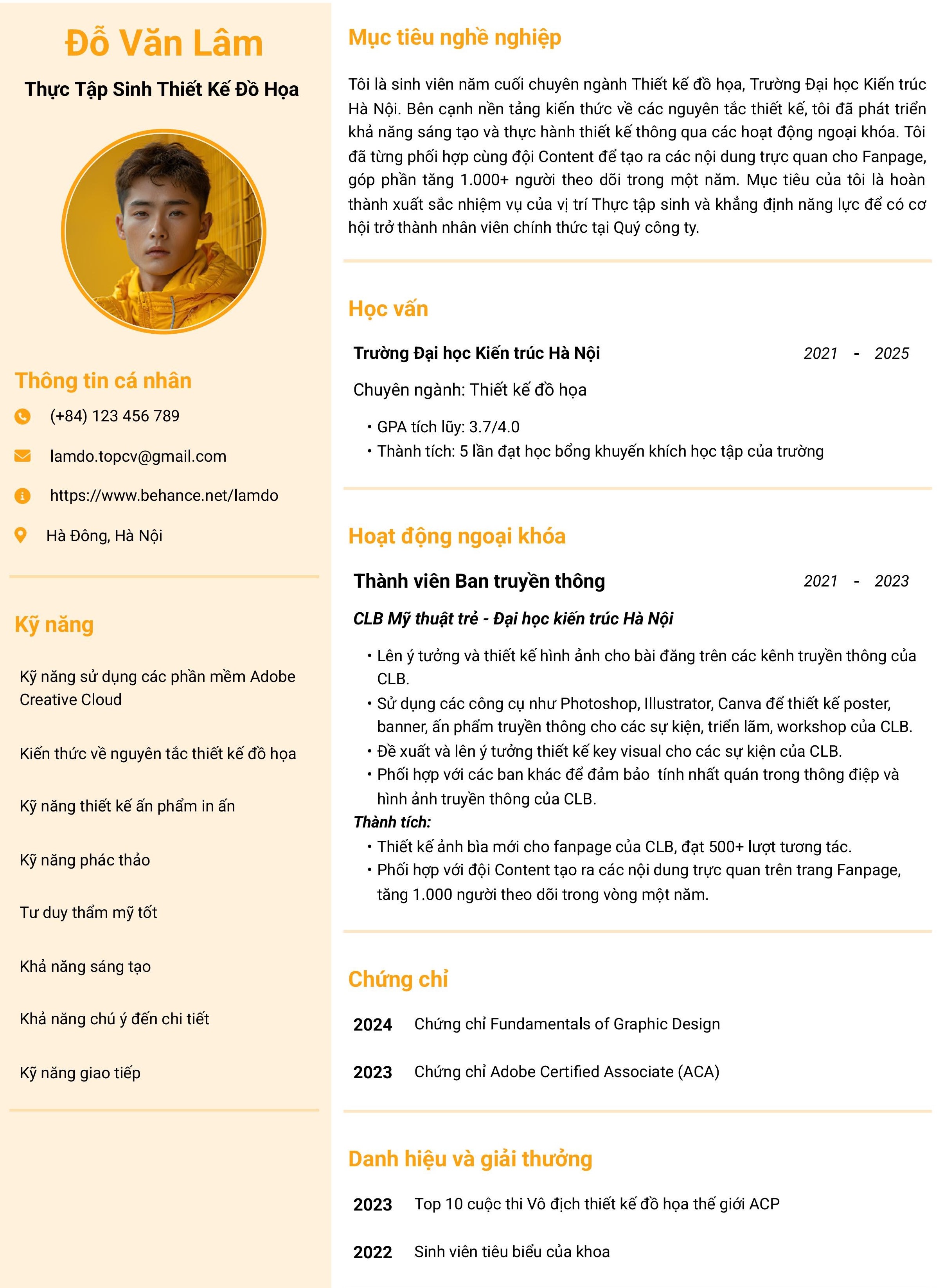 Mẫu CV Thực tập sinh thiết kế đồ họa